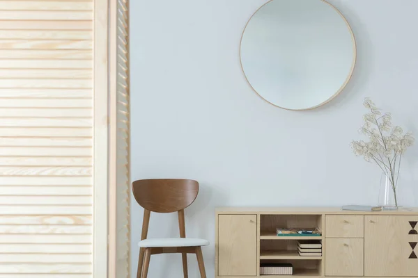 Mirror Wooden Chair Cabinet Minimal Anteroom Interior Decor Real Photo — Stock Photo, Image