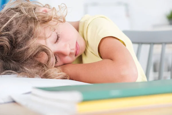 Close Sleeping Boy While Doing Homework Desk — Stock Photo, Image
