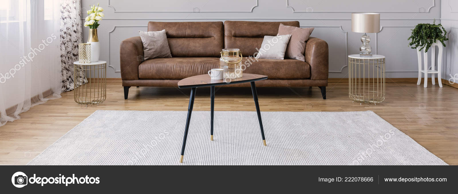 Panoramic View Stylish Interior Design, Small Brown Leather Sofa