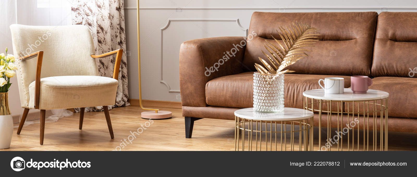 Panoramic View Living Room Two Small, Small Brown Leather Sofa