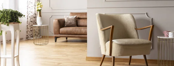 典雅起居室配有棕色真皮沙发的复古扶手椅全景 真实照片 — 图库照片