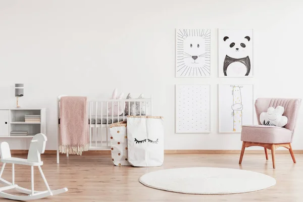 Stylish Scandinavian Nursery White Furniture Pink Accents Cute Poster White — Stock Photo, Image