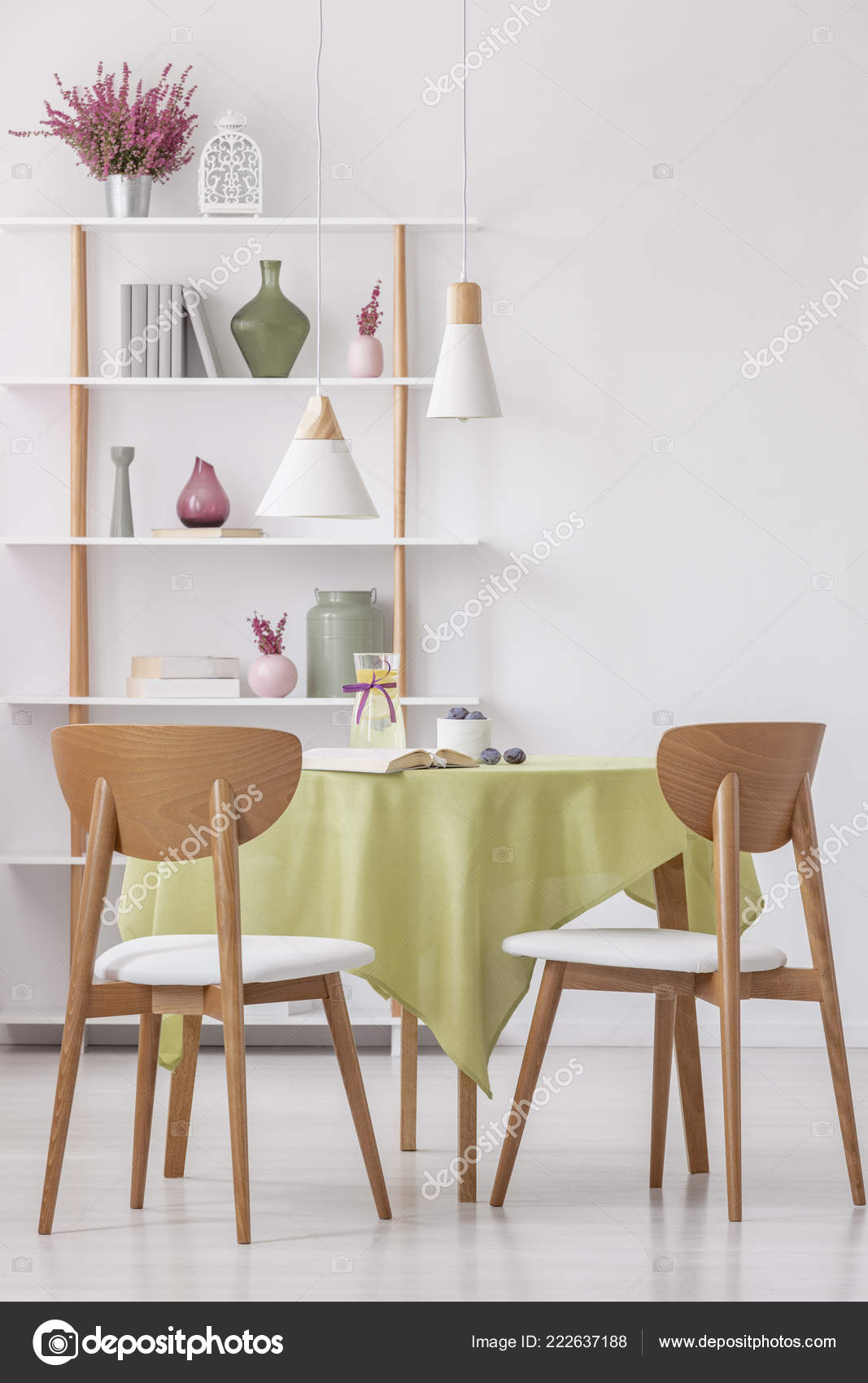 Vertical View Wooden Chairs Table Olive Green Tablecloth
