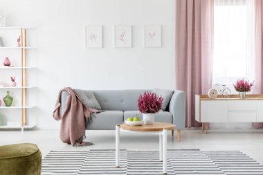 Ahşap sehpa taze heather ve aydınlık oturma odası iç duvarda posterler ile pencere perdeleri, gri ile gerçek fotoğraf plaka üzerinde meyve ile kanepe yastık ve battaniye ve dolap ile bisiklet şeklindeki saatiyle