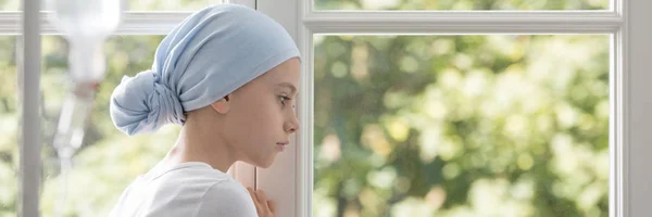 Panorama Sick Girl Cancer Wearing Blue Headscarf Treatment — Stock Photo, Image
