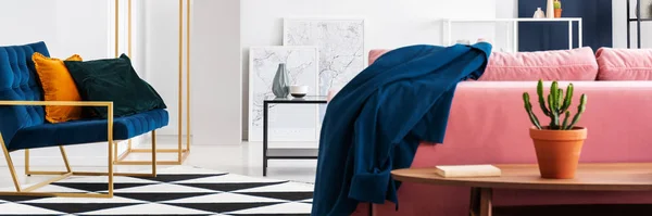 在艺术收藏家的公寓 真正的照片 粉色沙发和汽油蓝色长椅的全景视图 — 图库照片