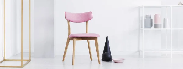 Panoramic View Pink Wooden Chair Next Black Cone Ball White — Stock Photo, Image