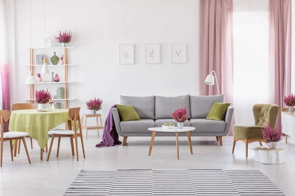 典雅的每日客房 配有木制椅子和灰色沙发 配有橄榄绿色枕头 旁边是时尚的扶手椅 真实的照片 — 图库照片