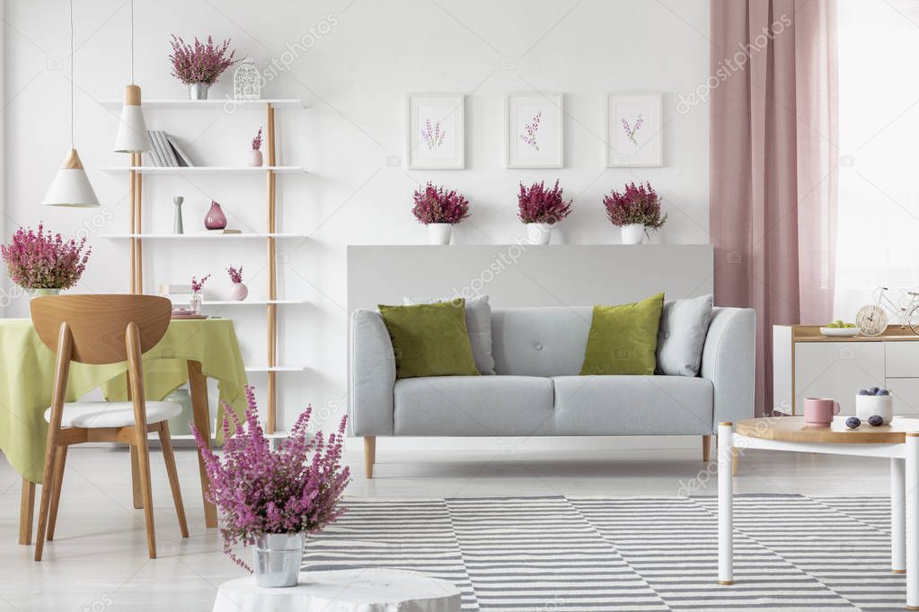 Elegant living room with heather on the shelf, white furniture, stylish wooden coffee table, patterned rug and grey couch with olive green and grey pillows