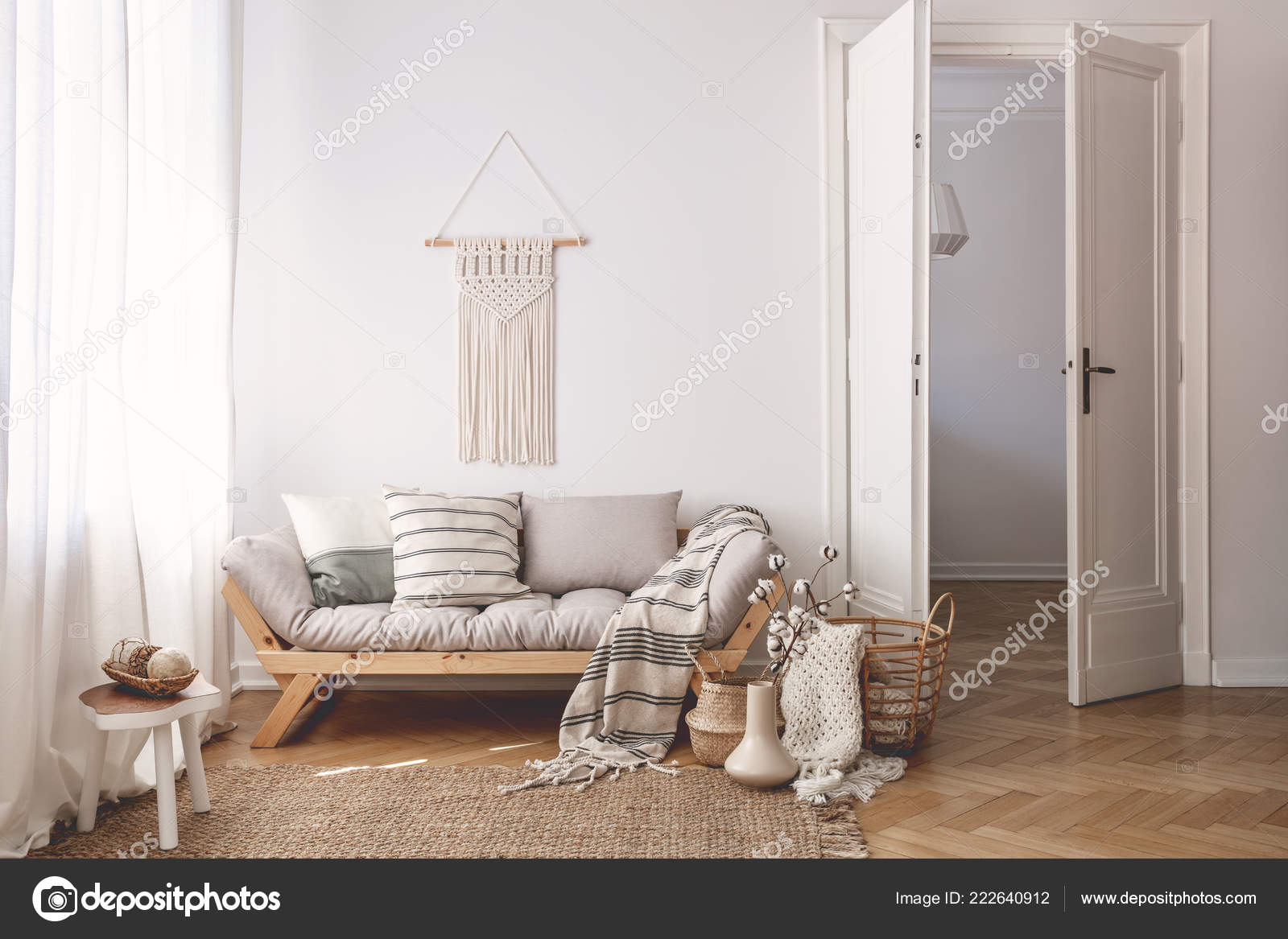 Sunlit Living Room Interior Open Door Herringbone Parquet Floor Natural Stock Photo C Photographee Eu 222640912