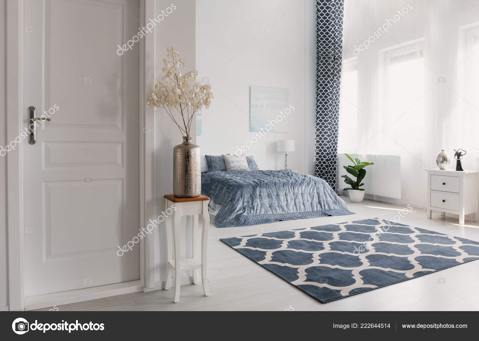 Flower Silver Vase Wooden Table Next Closed Door Elegant New