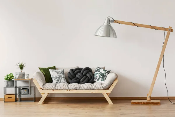 Oversize Industrial Lamp Scandinavian Settee Pillows Stylish Living Room Real — Stock Photo, Image