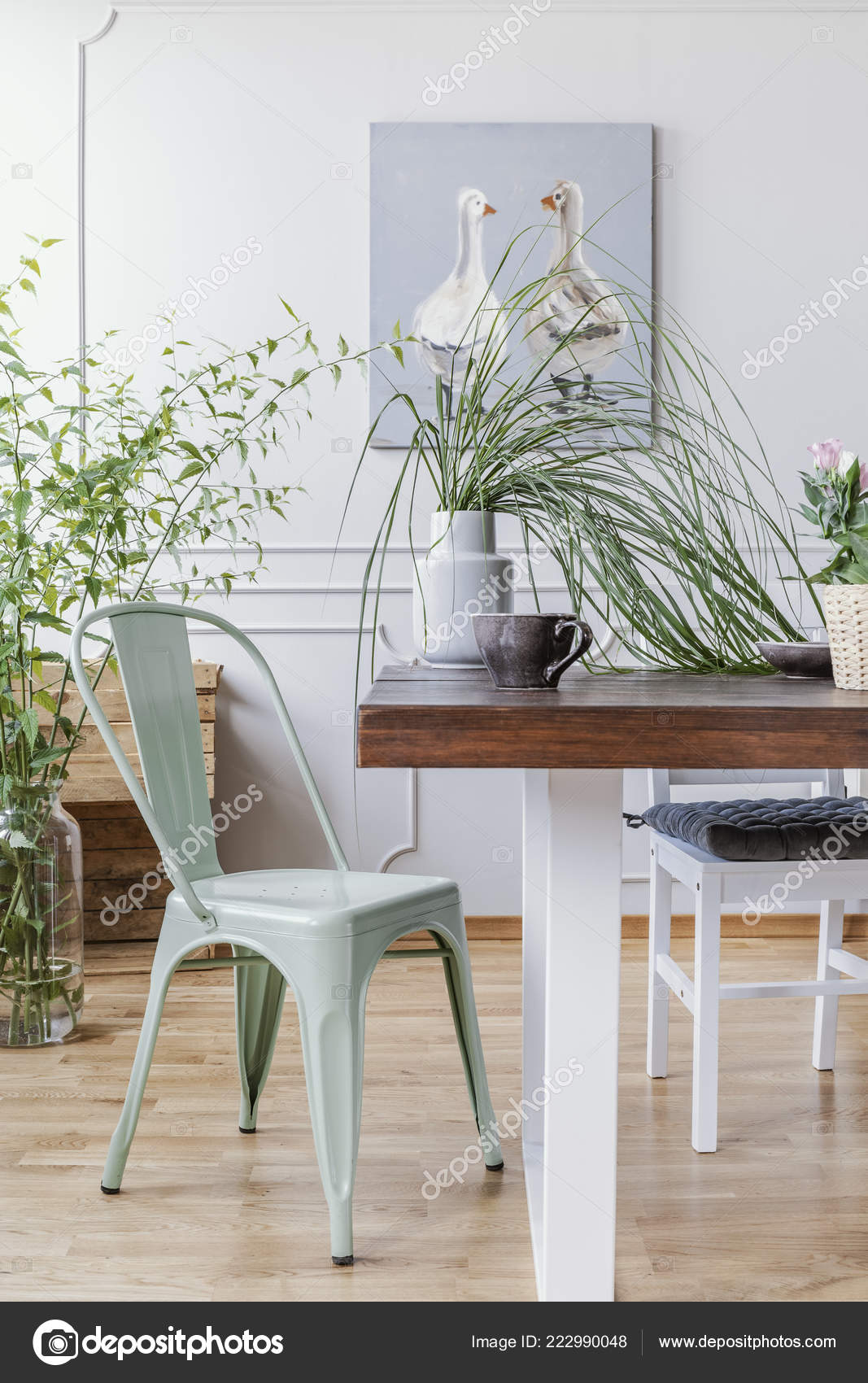 Vertical View Mint Green Chair Next Wooden Table Vase Green