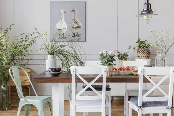 Foto Reale Piante Una Sala Pranzo Rustica Interno Con Tavolo — Foto Stock