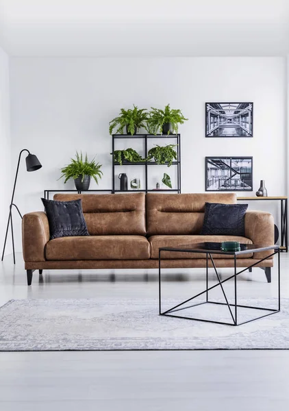 Verticale Weergave Van Luxe Interieur Bruin Lederen Bank Met Bruine — Stockfoto