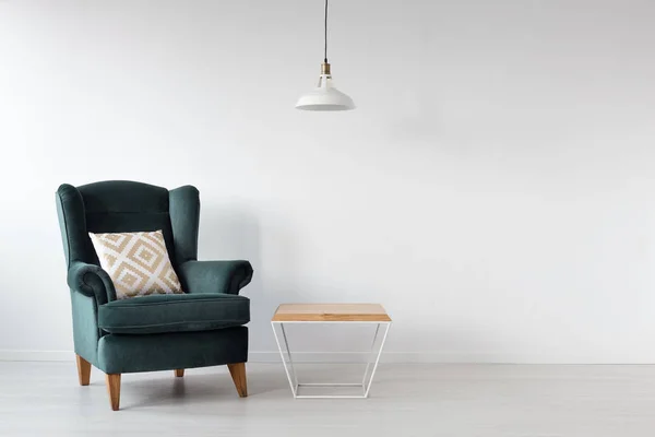 Moss Green Armchair Next Wooden Coffee Table White Scandinavian Interior — Stock Photo, Image