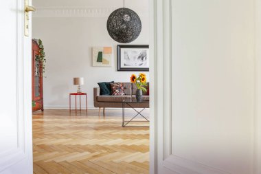 Ayçiçeği sonraki altında lamba posterler ile oturma odası iç kanepe masada. Gerçek fotoğraf