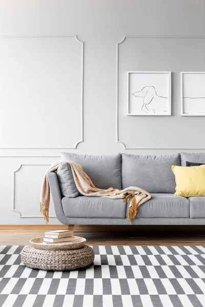 Hocker Auf Teppich Schlichtem Wohnzimmerinterieur Mit Postern Über Grauem Sofa — Stockfoto
