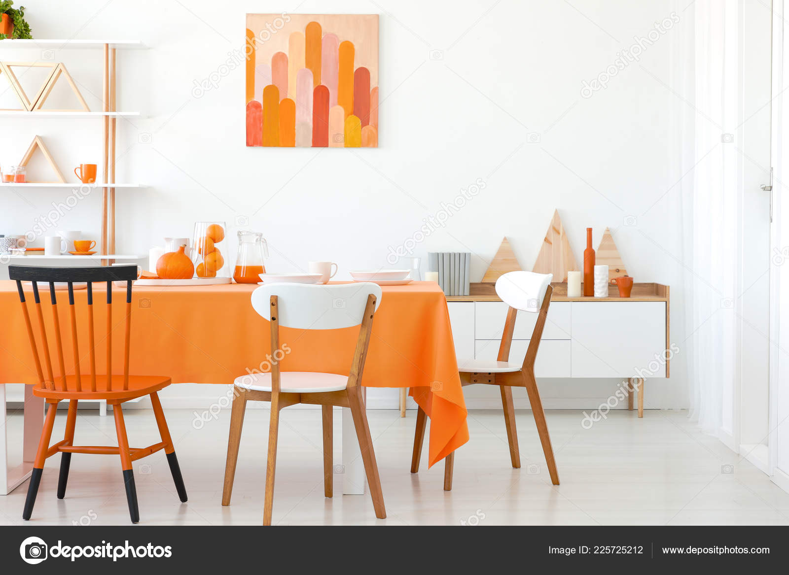 Chairs Table White Orange Dining Room Interior Poster Cupboard Real Stock Photo Photographeeeu 225725212