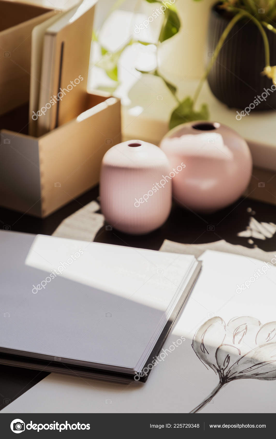 Closeup Small Pastel Pink Vases Desk Next Empty Sheet Paper