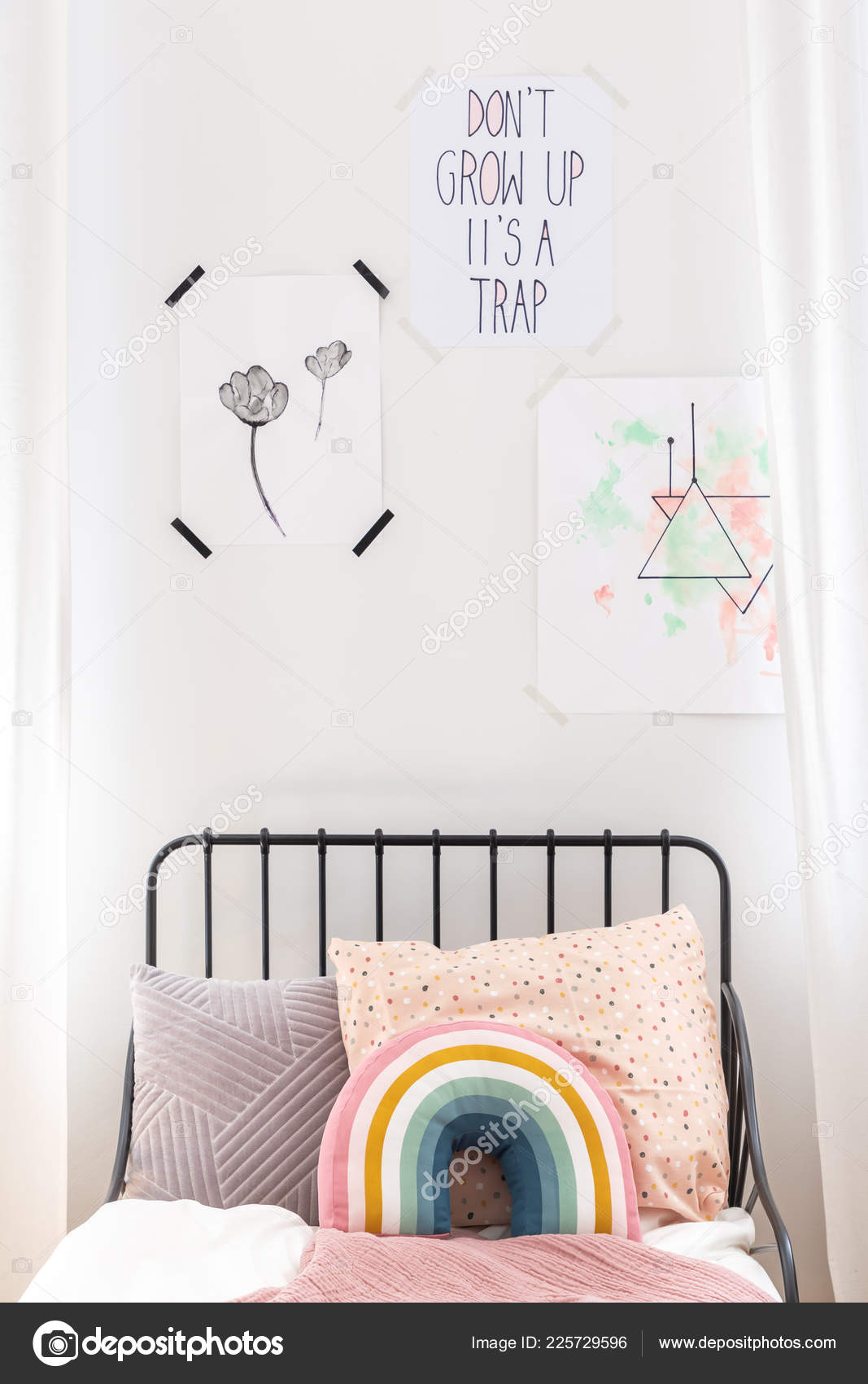 Closeup Drawings White Wall Kids Bedroom Colorful Bedding