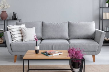 Gerçek fotoğraf gri kanepe, sehpa ve salon iç lavanta çiçeği