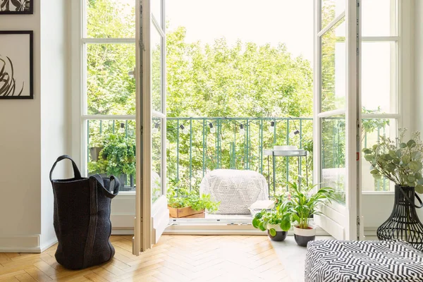 Lot Green Plants Open Balcony Door Modern Apartment Real Photo — Stock Photo, Image