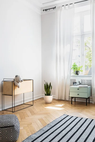 Poef Gestreepte Tapijt Heldere Woonkamer Interieur Met Planten Kabinet Onder — Stockfoto