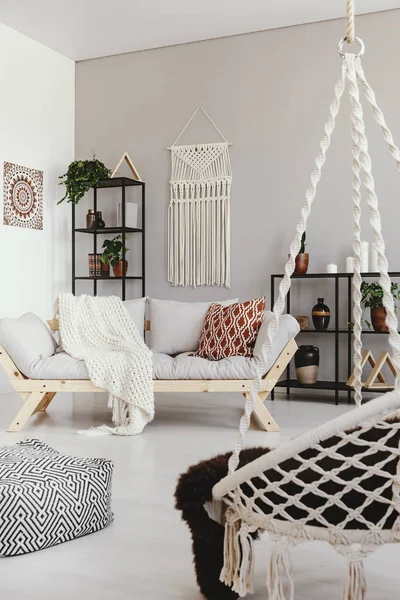 Warm Ethno Living Room Comfortable Couch Metal Shelves Macrame Wall — Stock Photo, Image