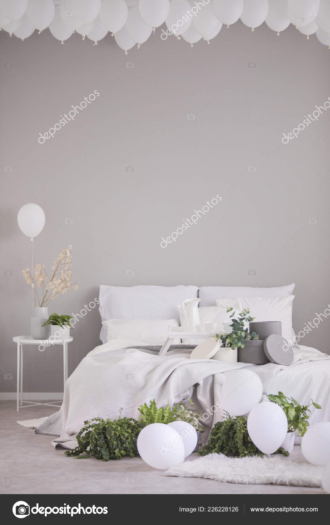 White Balloons Ceiling Stylish Grey Bedroom Comfortable Bed