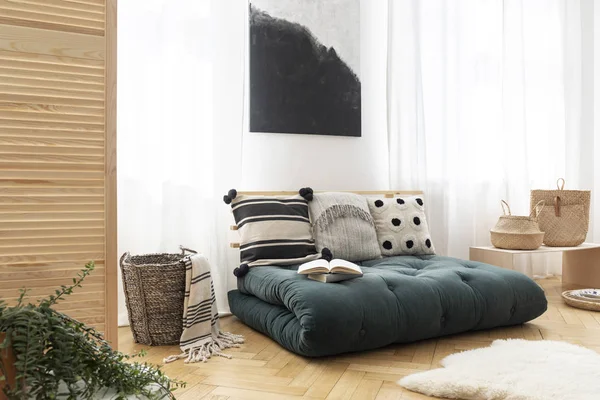 Fur Basket Next Green Futon Pillows Boho Bedroom Interior Poster — Stock Photo, Image