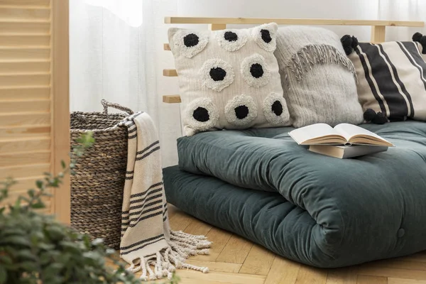 Buku Tentang Futon Skandinavia Dengan Bantal Interior Kamar Tidur Elegan — Stok Foto