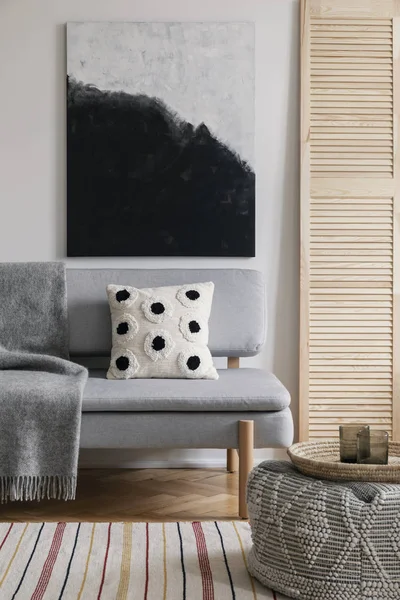 Póster Sobre Sofá Gris Con Cojín Estampado Manta Interior Natural — Foto de Stock