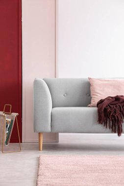 Gazete raf aydınlık oturma odası iç üç renkli duvar, gerçek bir fotoğraf ile gri kanepenin yanındaki