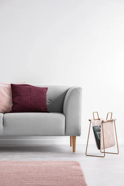 Purple Pastel Pink Pillow Grey Couch Bright Living Room Interior — Stock Photo, Image