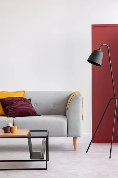 Black Lamp Next Grey Sofa Pillows Grey Red Living Room — Stock Photo, Image