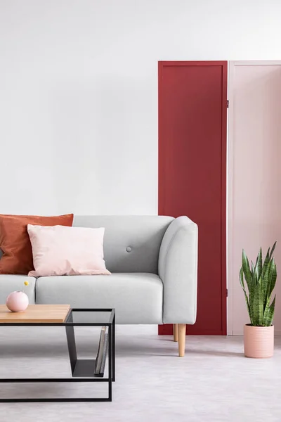 优雅客厅的白色墙壁上的粉红色和红色屏幕 配有现代咖啡桌和带枕头的时尚沙发 墙上有复制空间的真实照片 — 图库照片