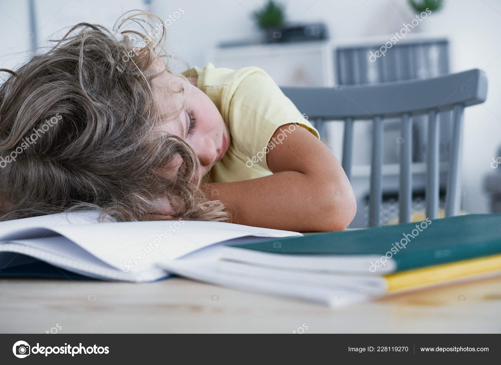 Close Tired Kid Sleeping His Head Rested Table Book Stock Photo