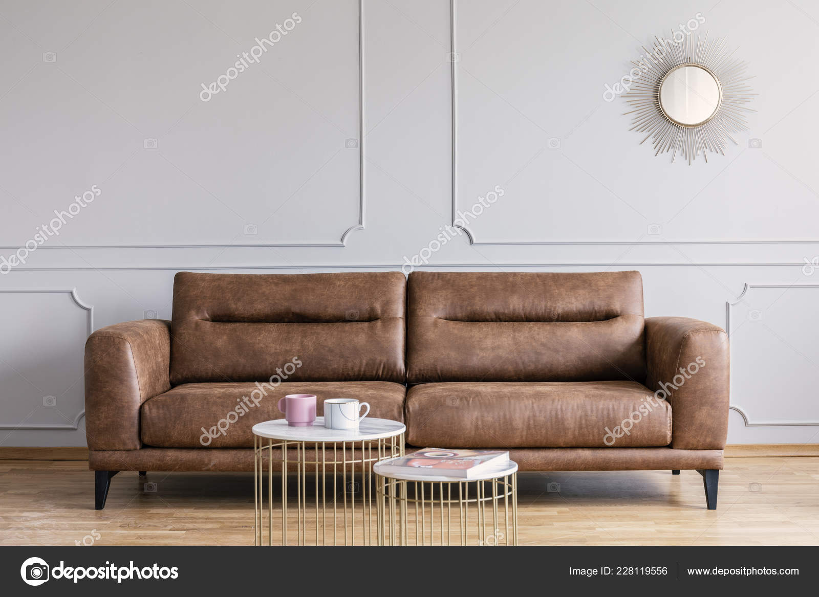 Real Photo Leather Sofa Coffee Tables Mirror Living Room Interior Stock Photo Image By C Photographee Eu 228119556