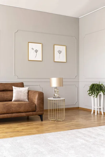 Reálné Fotografie Interiéru Elegantní Obývací Pokoj Hnědou Pohovku Lampy Činžovním — Stock fotografie