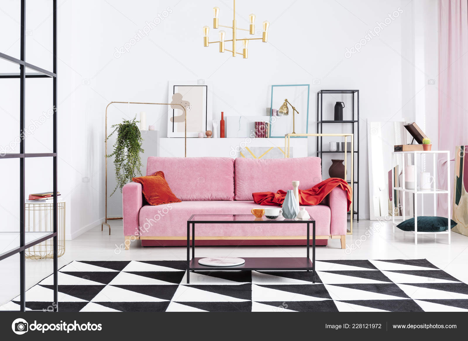 Real Photo Geometrical Rug Coffee Table Pink Sofa Modern Living