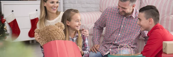 Smiled Family Sitting Together Unpacking Presents — Stock Photo, Image