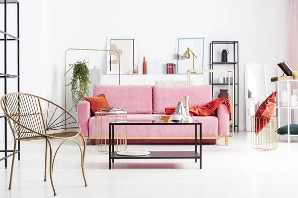 Gold Armchair Table Pink Sofa Orange Blanket White Living Room — Stock Photo, Image