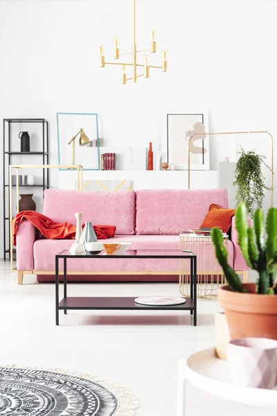 一个客厅内部的真实照片 粉红色的沙发 咖啡桌和植物的特写镜头 — 图库照片