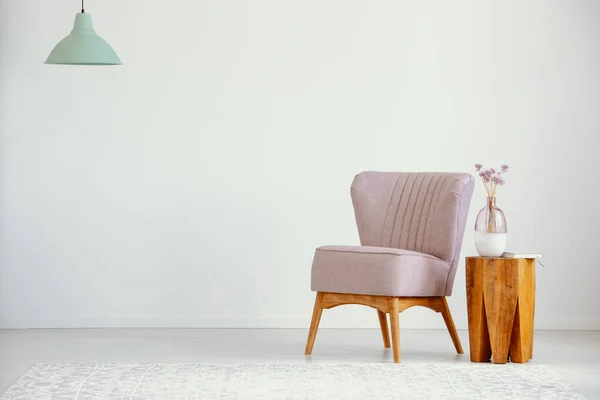 Plant Wooden Stool Next Pink Armchair Empty Loft Interior Lamp — Stock Photo, Image