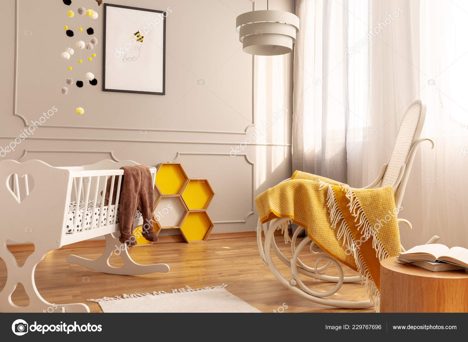 Yellow Blanket White Rocking Chair Lovely Baby Bedroom Wooden Stock Photo By Photographee Eu 229767696 White Rocking Chair Lovely Baby Bedroom, White Wooden Baby Rocking Chair