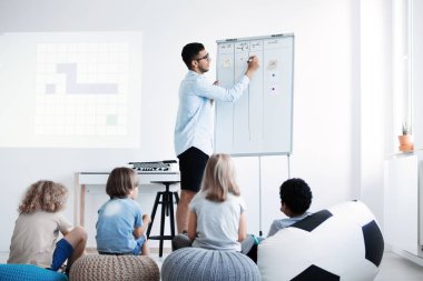 Poufs üzerinde oturan ve öğretmen için bekleyen çocuklar Grup