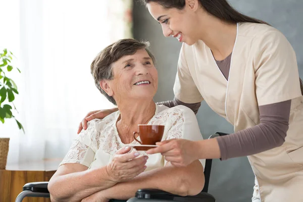 美しい役に立つ看護師は 特別養護老人ホームで車椅子の高齢女性を笑顔にお茶を与えています — ストック写真