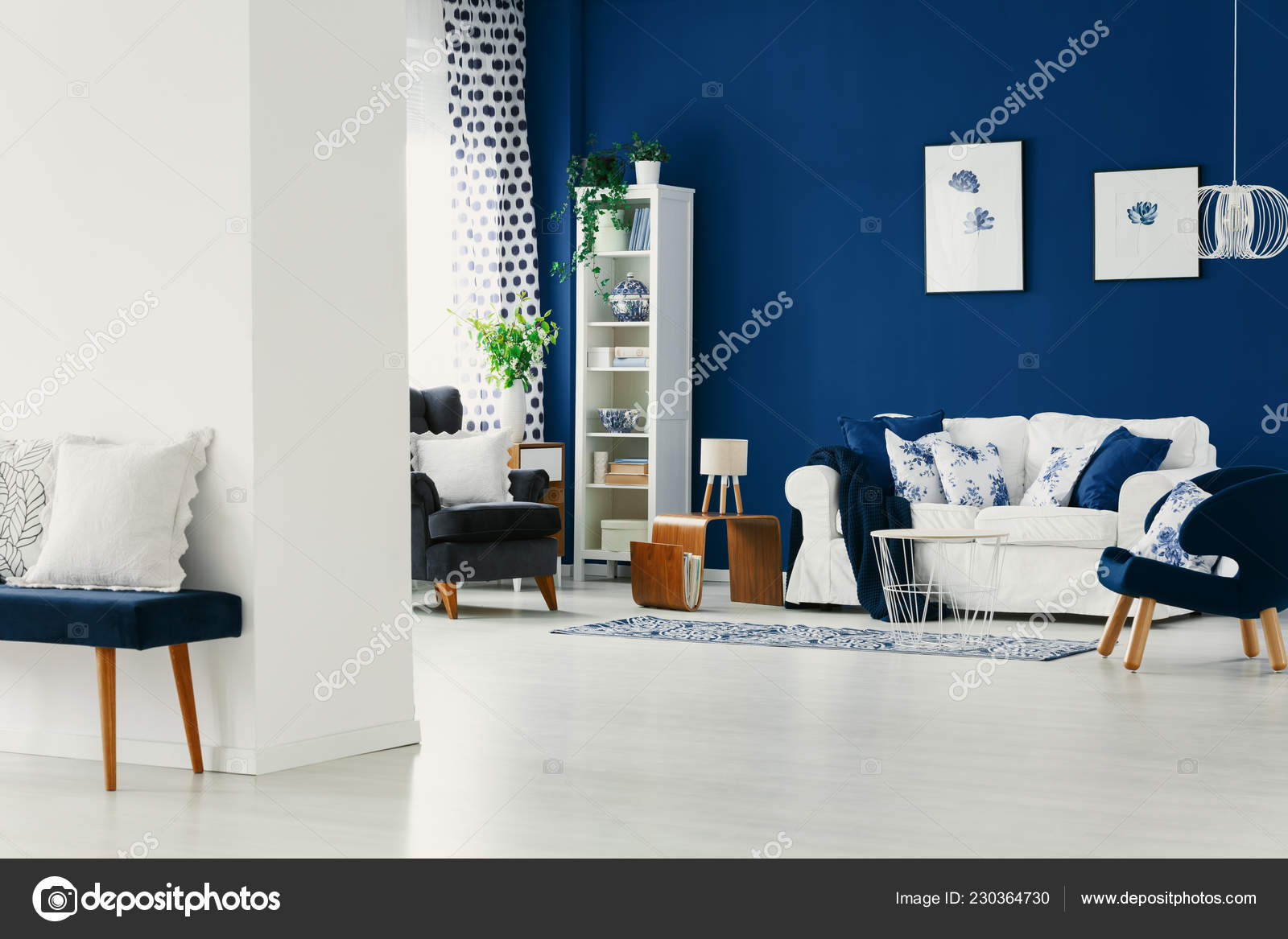 Classy Living Room Dark Blue Wall Comfortable Armchairs White Sofa