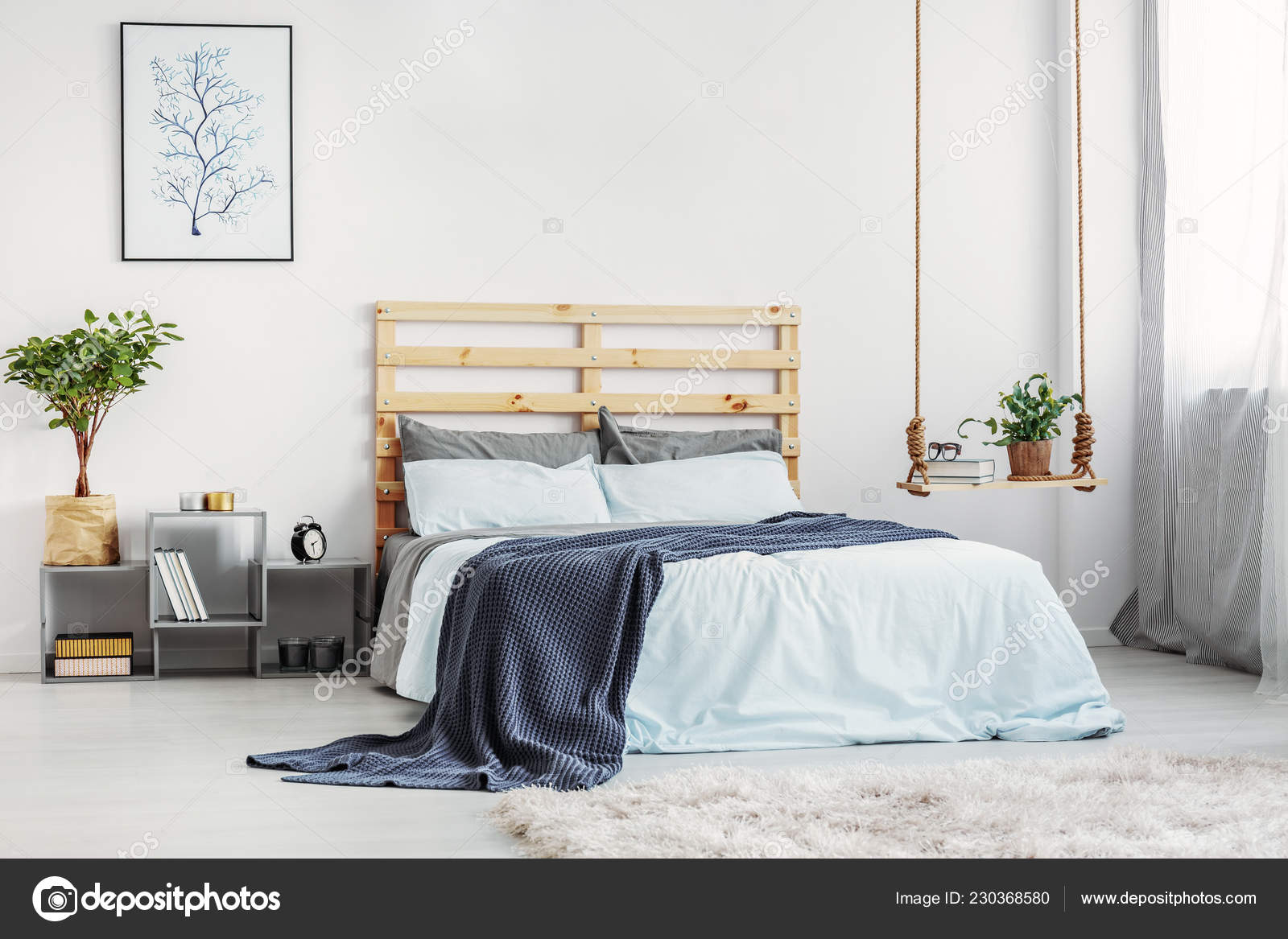 Bright Bedroom Interior King Size Bed Light Blue Bedding Warm Bright Bedroom Interior King Size Bed Light Blue Bedding Warm Stock Photo